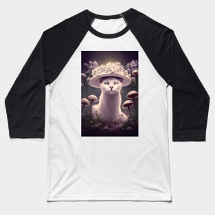 White Cat Under a Floral Mushroom | White cat with green eyes | Digital art Sticker Baseball T-Shirt